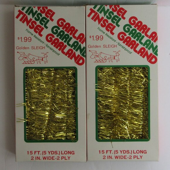 Christmas Tinsel Garland 2 Boxes Golden Sleigh Rauch Made in USA 15 ft, 2" wide - Picture 1 of 10